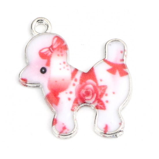 Picture of Zinc Based Alloy Charms Dog Animal Silver Tone White & Red Enamel 21mm x 20mm, 10 PCs