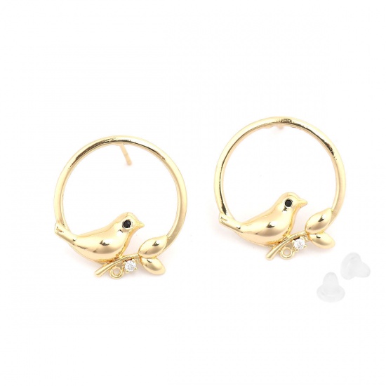 Picture of Copper Ear Post Stud Earrings Gold Plated Round Bird W/ Loop Black & Clear Rhinestone 21mm x 19mm, Post/ Wire Size: (20 gauge), 2 PCs
