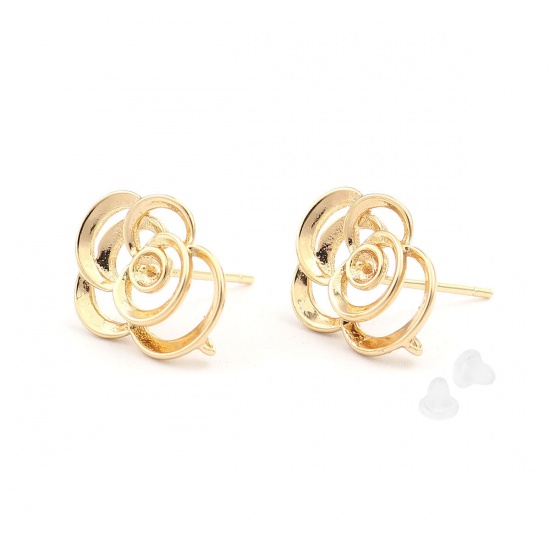 Picture of Copper Ear Post Stud Earrings Gold Plated Flower Hollow 14mm x 11mm, Post/ Wire Size: (21 gauge), 2 PCs