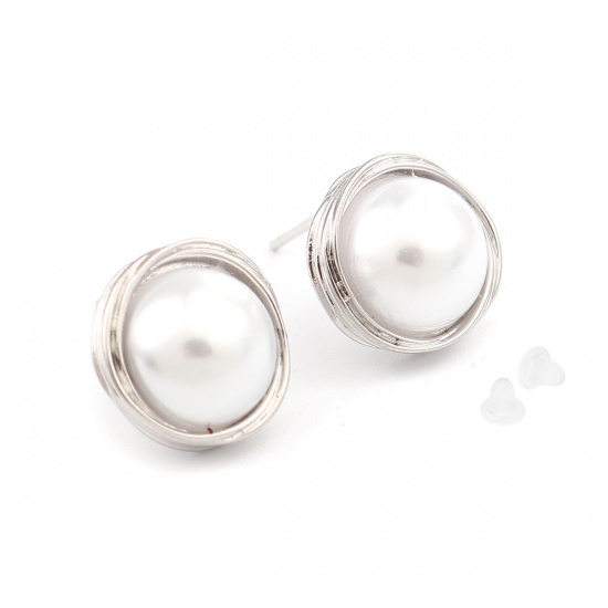 Picture of Copper Ear Post Stud Earrings Silver Tone White Round Acrylic Imitation Pearl 18mm x 12mm, Post/ Wire Size: (21 gauge), 2 PCs