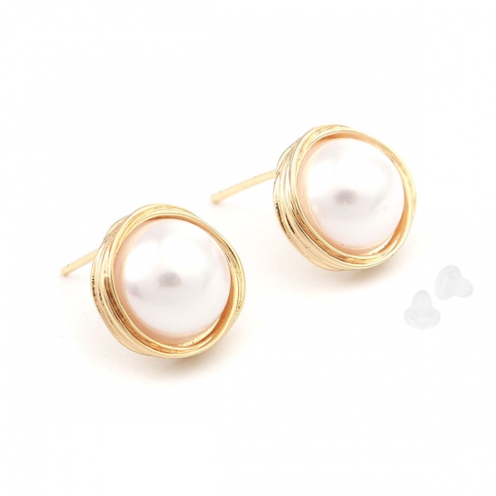 Picture of Copper Ear Post Stud Earrings Gold Plated White Round Acrylic Imitation Pearl 18mm x 12mm, Post/ Wire Size: (21 gauge), 2 PCs
