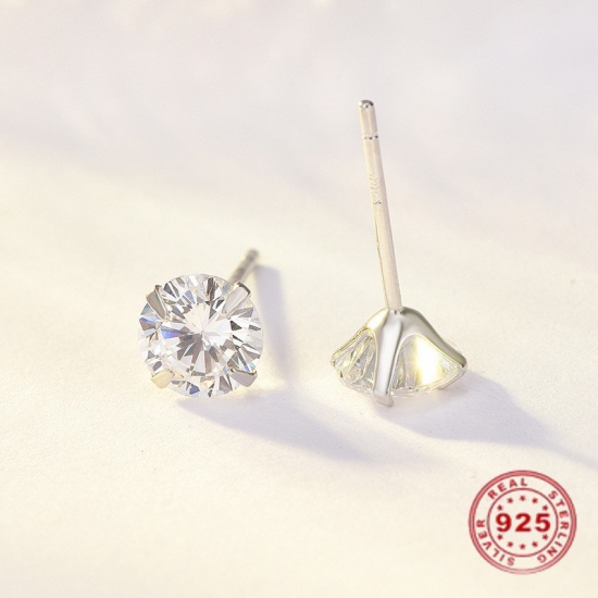 Picture of Sterling Silver Ear Post Stud Earrings Silver Round Clear Rhinestone 3mm Dia., Post/ Wire Size: (21 gauge), 1 Pair