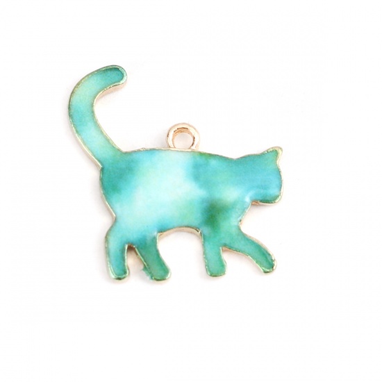 Immagine di Lega di Zinco Charms Gatto Oro Placcato Verde Smalto 21mm x 19mm , 10 Pz