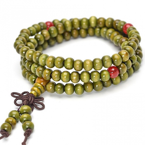 Picture of Imitation Schima Superba Wood Multilayer Dainty Bracelets Delicate Bracelets Beaded Bracelet Green Round Chinese Knot 65cm(25 5/8") long, 1 Piece