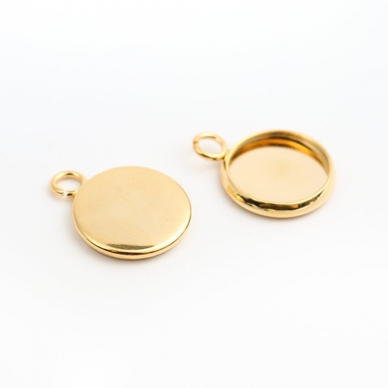 Picture of 304 Stainless Steel Charms Round Gold Plated Cabochon Settings (Fits 10mm Dia.) 16mm x 12mm, 100 PCs