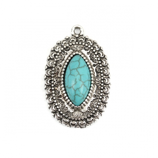 Picture of Zinc Based Alloy & Acrylic Boho Chic Bohemia Pendants Oval Antique Silver Color Green Blue Carved Pattern Imitation Turquoise 35mm x 20mm, 5 PCs