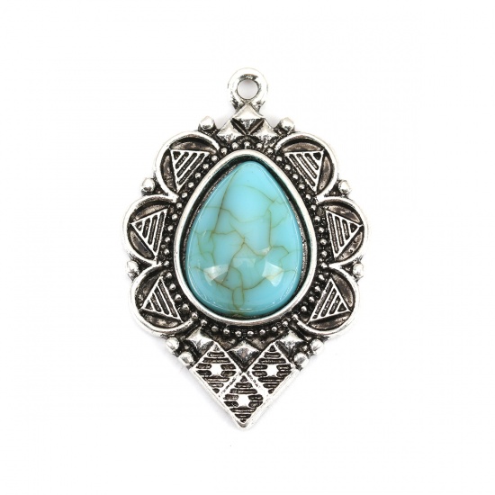 Picture of Zinc Based Alloy & Acrylic Boho Chic Bohemia Pendants Marquise Antique Silver Color Green Blue Carved Pattern Imitation Turquoise 36mm x 25mm, 5 PCs