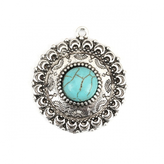 Picture of Zinc Based Alloy & Acrylic Boho Chic Bohemia Pendants Round Antique Silver Color Green Blue Carved Pattern Imitation Turquoise 34mm x 30mm, 5 PCs