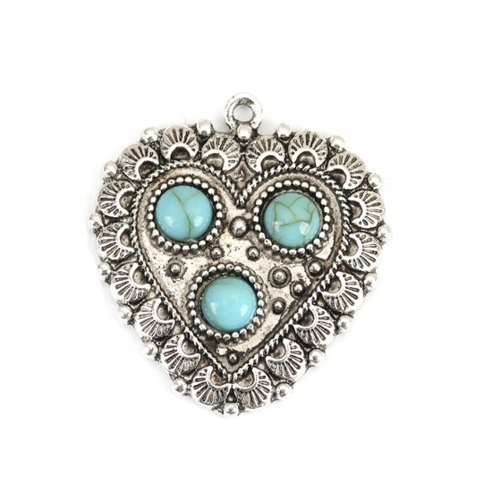 Picture of Zinc Based Alloy & Acrylic Boho Chic Bohemia Pendants Heart Antique Silver Color Green Blue Carved Pattern Imitation Turquoise 35mm x 32mm, 5 PCs