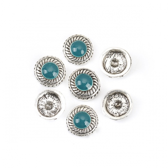 Picture of Zinc Based Alloy Spacer Beads Two Holes Flat Round Antique Silver Peacock Blue Enamel About 12mm Dia., Hole: Approx 1.1mm, 10 PCs