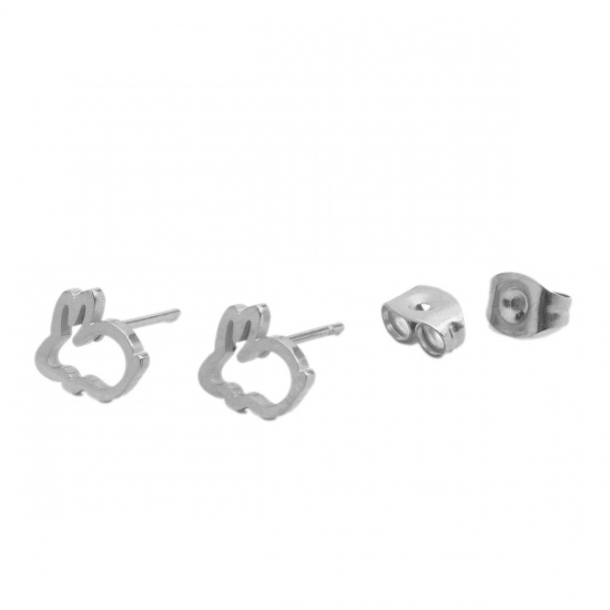Picture of 304 Stainless Steel Ear Post Stud Earrings Silver Tone Rabbit Animal 9mm x 8mm, Post/ Wire Size: (20 gauge), 1 Pair