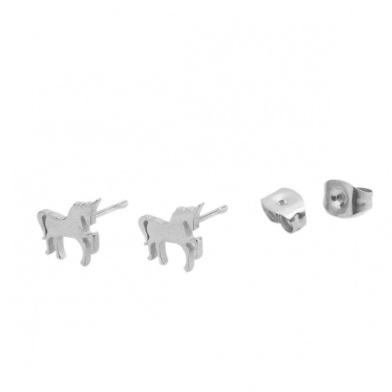 Picture of 304 Stainless Steel Ear Post Stud Earrings Silver Tone Horse Animal 9mm x 8mm, Post/ Wire Size: (20 gauge), 1 Pair