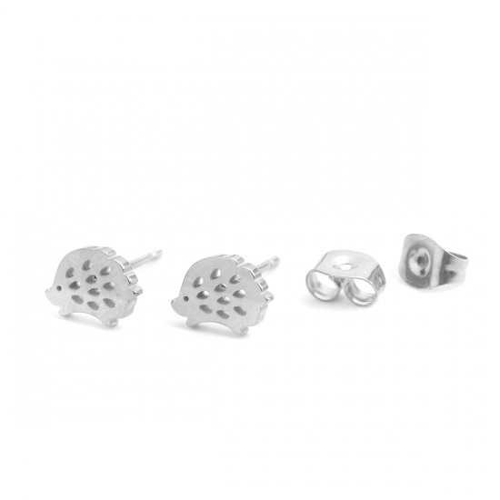 Picture of 304 Stainless Steel Ear Post Stud Earrings Silver Tone Hedgehog 9mm x 7mm, Post/ Wire Size: (20 gauge), 1 Pair