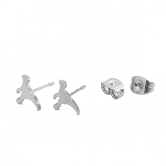 Picture of 304 Stainless Steel Ear Post Stud Earrings Silver Tone Dinosaur Animal 10mm x 6mm, Post/ Wire Size: (20 gauge), 1 Pair