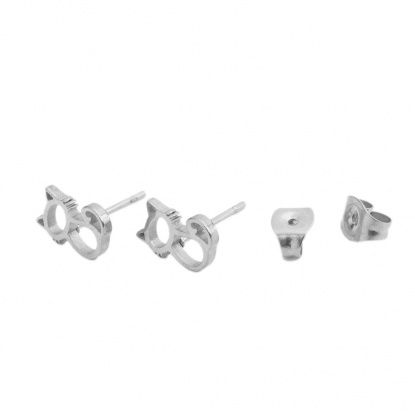 Picture of 304 Stainless Steel Ear Post Stud Earrings Silver Tone Cat Animal 10mm x 7mm, Post/ Wire Size: (20 gauge), 1 Pair