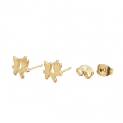 Picture of 304 Stainless Steel Ear Post Stud Earrings Gold Plated Leaf 9mm x 9mm, Post/ Wire Size: (20 gauge), 1 Pair