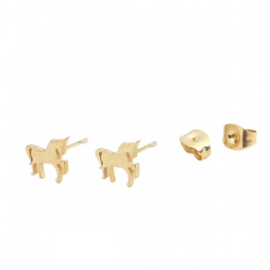 Picture of 304 Stainless Steel Ear Post Stud Earrings Gold Plated Horse Animal 9mm x 8mm, Post/ Wire Size: (20 gauge), 1 Pair