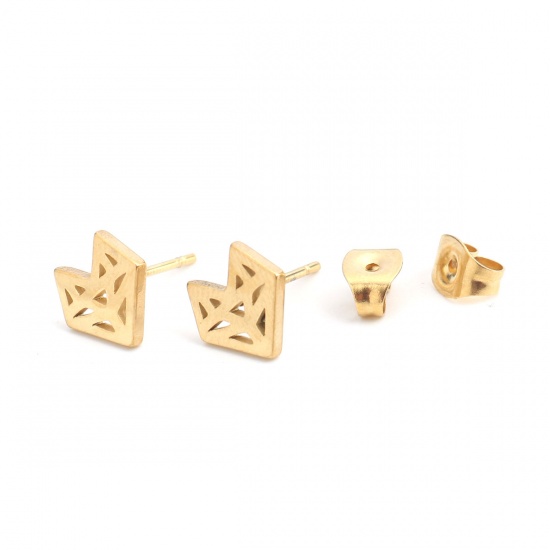 Picture of 304 Stainless Steel Ear Post Stud Earrings Gold Plated Heart 9mm x 9mm, Post/ Wire Size: (20 gauge), 1 Pair