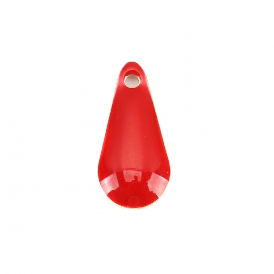 Immagine di Rame Sequins Smaltati Charms Colore di Ottone Rosso Goccia 12mm x 5mm, 10 Pz