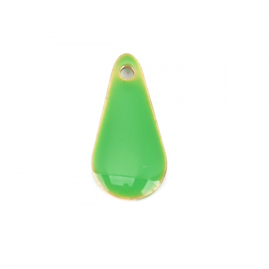 Immagine di Rame Sequins Smaltati Charms Colore di Ottone Erba Verde Goccia 12mm x 5mm, 10 Pz