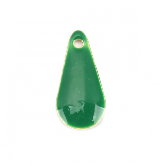 Immagine di Rame Sequins Smaltati Charms Colore di Ottone Verde Scuro Goccia 12mm x 5mm, 10 Pz