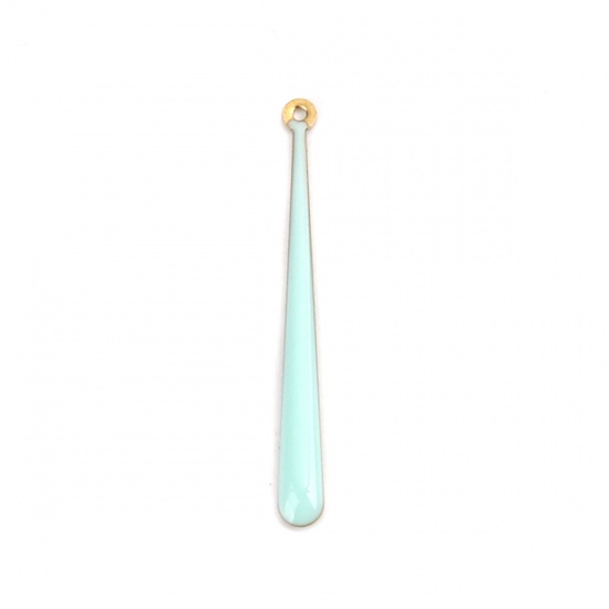 Bild von Kupfer Emaillierte Pailletten Anhänger Tropfen Vergoldet Hellblau 3.8cm x 0.4cm, 5 Stück