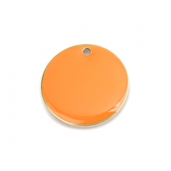 Bild von Kupfer Emaillierte Pailletten Charms Rund Vergoldet Orange 16mm D., 10 Stück