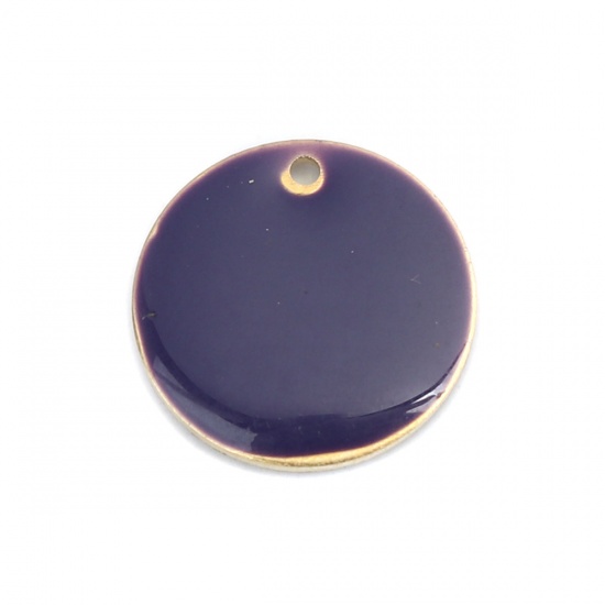 Bild von Kupfer Emaillierte Pailletten Charms Rund Vergoldet Violett 16mm D., 10 Stück