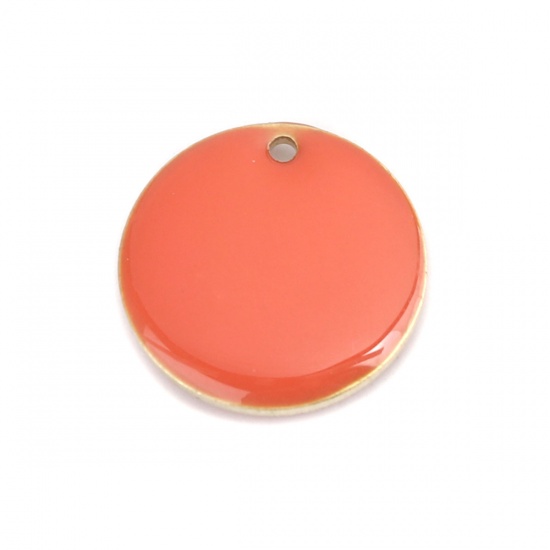 Bild von Kupfer Emaillierte Pailletten Charms Rund Vergoldet Orangerot 16mm D., 10 Stück