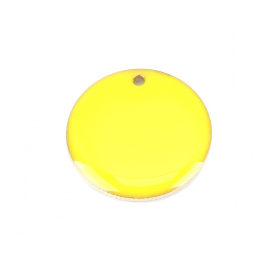 Immagine di Rame Sequins Smaltati Charms Oro Placcato Giallo Tondo 20mm Dia., 5 Pz