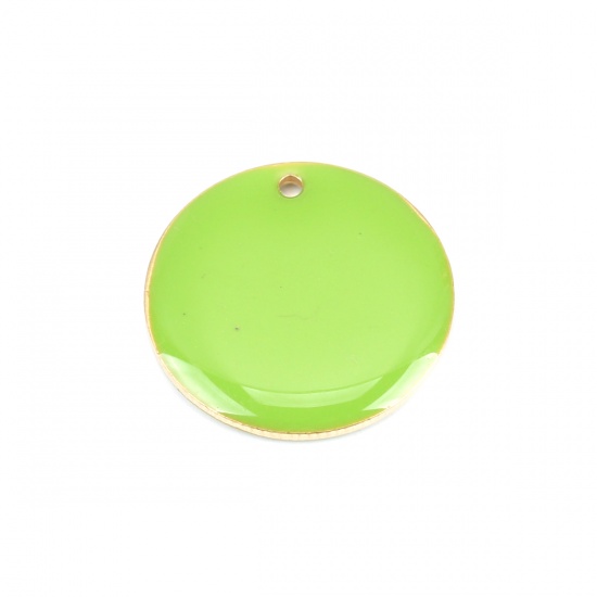 Immagine di Rame Sequins Smaltati Charms Oro Placcato Verde di Frutta Tondo 20mm Dia., 5 Pz