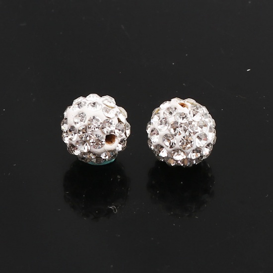 Picture of Polymer Clay Beads Round White Clear Rhinestone About 10mm - 9mm Dia, Hole: Approx 1.8mm, 100 PCs