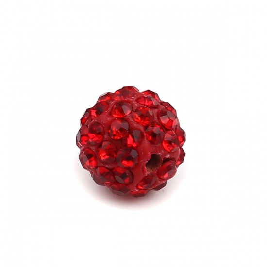 Picture of Polymer Clay Beads Round Red Rhinestone About 10mm - 9mm Dia, Hole: Approx 1.8mm, 100 PCs