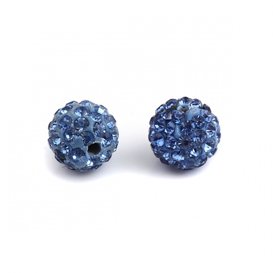 Picture of Polymer Clay Beads Round Light Blue Rhinestone About 10mm - 9mm Dia, Hole: Approx 1.8mm, 20 PCs