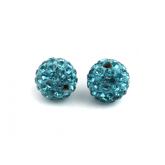 Picture of Polymer Clay Beads Round Lake Blue Rhinestone About 10mm - 9mm Dia, Hole: Approx 1.8mm, 100 PCs