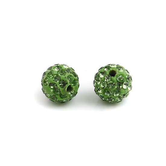 Picture of Polymer Clay Beads Round Light Green Rhinestone About 10mm - 9mm Dia, Hole: Approx 1.8mm, 100 PCs