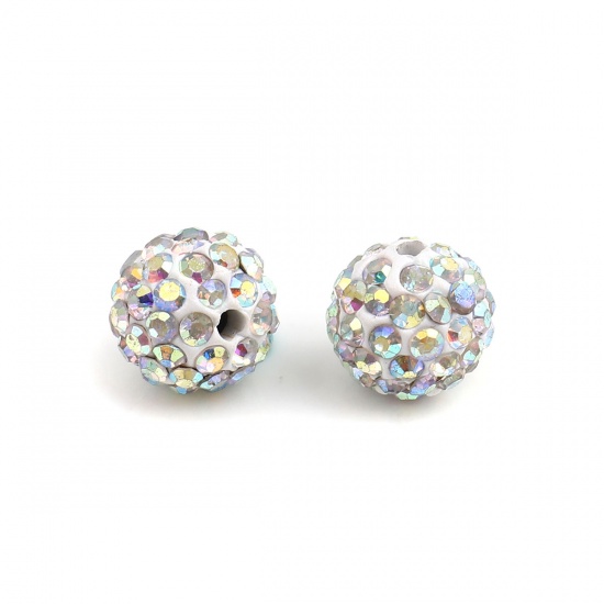 Picture of Polymer Clay Beads Round White AB Color Rhinestone About 10mm - 9mm Dia, Hole: Approx 1.8mm, 100 PCs