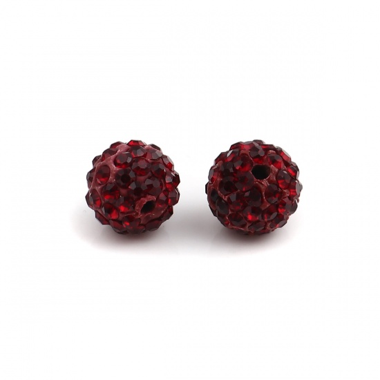 Picture of Polymer Clay Beads Round Dark Red Rhinestone About 10mm - 9mm Dia, Hole: Approx 1.8mm, 100 PCs