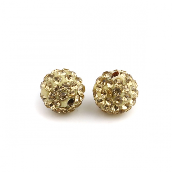 Picture of Polymer Clay Beads Round Light Yellow Rhinestone About 10mm - 9mm Dia, Hole: Approx 1.8mm, 20 PCs