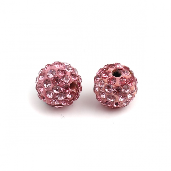 Picture of Polymer Clay Beads Round Light Pink Rhinestone About 10mm - 9mm Dia, Hole: Approx 1.8mm, 100 PCs