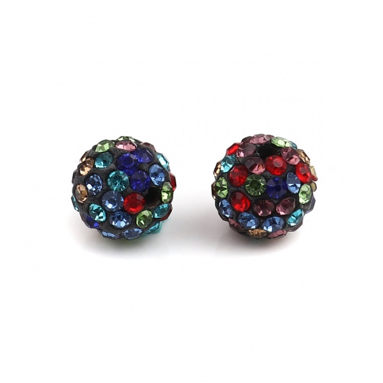 Picture of Polymer Clay Beads Round Black Multicolor Rhinestone About 10mm - 9mm Dia, Hole: Approx 1.8mm, 20 PCs