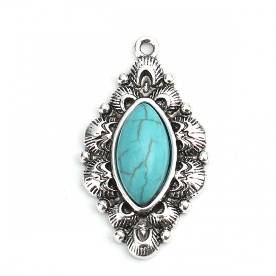 Picture of Zinc Based Alloy Boho Chic Bohemia Pendants Oval Antique Silver Color Green Blue Imitation Turquoise 38mm x 21mm, 5 PCs