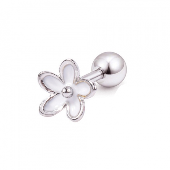 Picture of Stainless Steel Ear Post Stud Earrings Silver Tone White Flower Can Open 9mm x 9mm, Post/ Wire Size: (17 gauge), 1 Piece