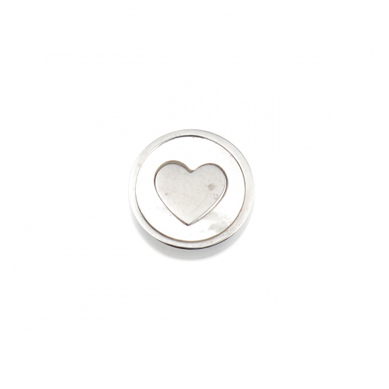 Picture of 304 Stainless Steel & Shell Beads Flat Round Silver Tone Creamy-White Heart About 10mm Dia., Hole: Approx 1.4mm, 1 Piece