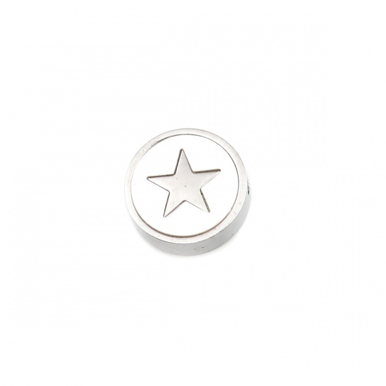 Picture of 304 Stainless Steel & Shell Beads Flat Round Silver Tone Creamy-White Star About 10mm Dia., Hole: Approx 1.4mm, 1 Piece