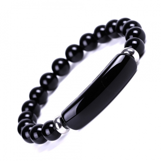 Image de Bracelets Raffinés Bracelets Délicats Bracelet de Perles en Agate Onyx Noire ( Naturel ) Noir Rond Rectangle Elastique 18.5cm Long, 1 Pièce