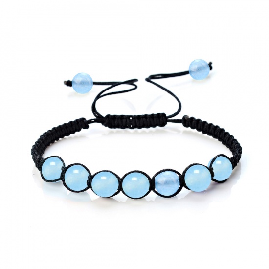 Picture of March Birthstone - Natural Aquamarine Adjustable Dainty Bracelets Delicate Bracelets Beaded Bracelet Aqua Blue Round 26cm - 17cm long, 1 Piece