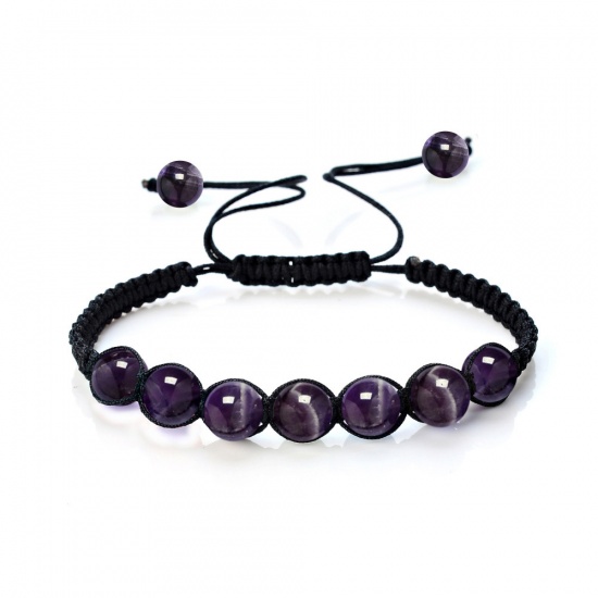 Picture of February Birthstone - Natural Amethyst Adjustable Dainty Bracelets Delicate Bracelets Beaded Bracelet Purple Round 26cm - 17cm long, 1 Piece