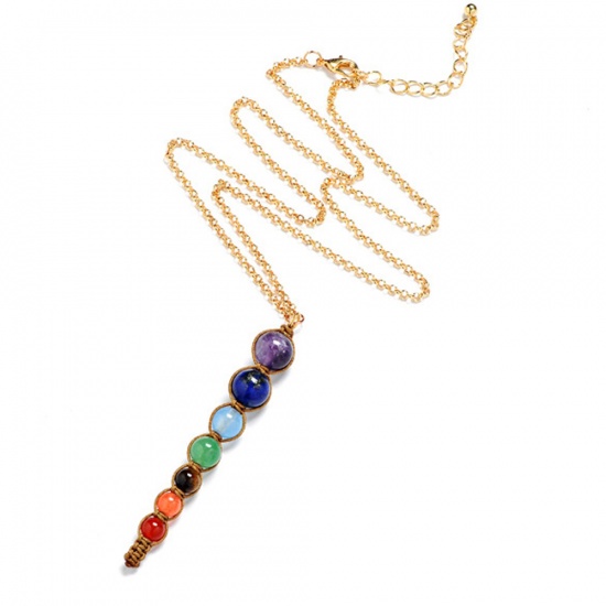 Picture of Gemstone ( Natural ) Yoga Healing Necklace Gold Plated Multicolor Round 50cm(19 5/8") long, 1 Piece