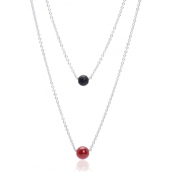 Picture of Stainless Steel & Gemstone ( Natural ) Necklace Silver Tone Black & Red Round 40cm(15 6/8") long, 1 Piece